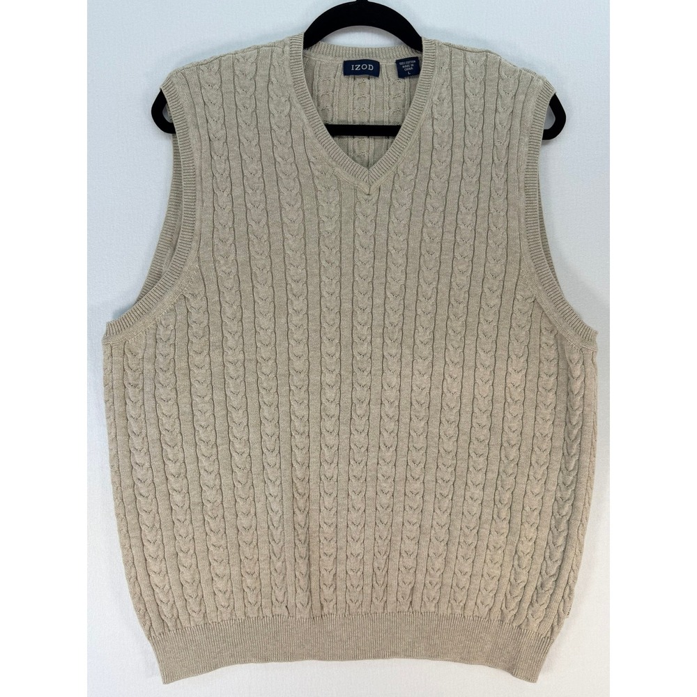 Izod Mens Beige Cable Knit V-Neck Sweater Vest 100% Cotton Large Tan Sleeveless